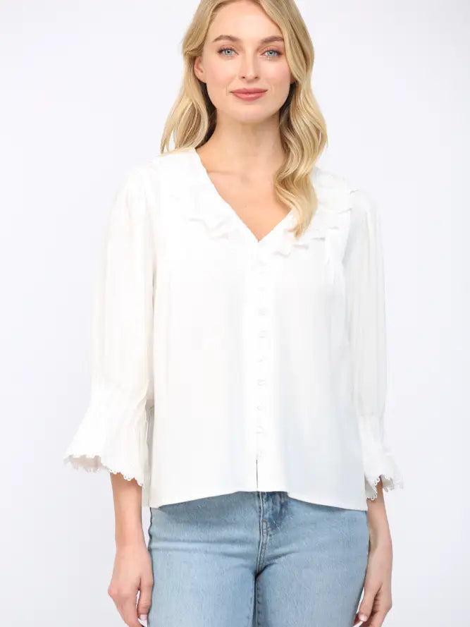 fate lace trimmed ruffle collar 3/4 sleeve blouse in off white