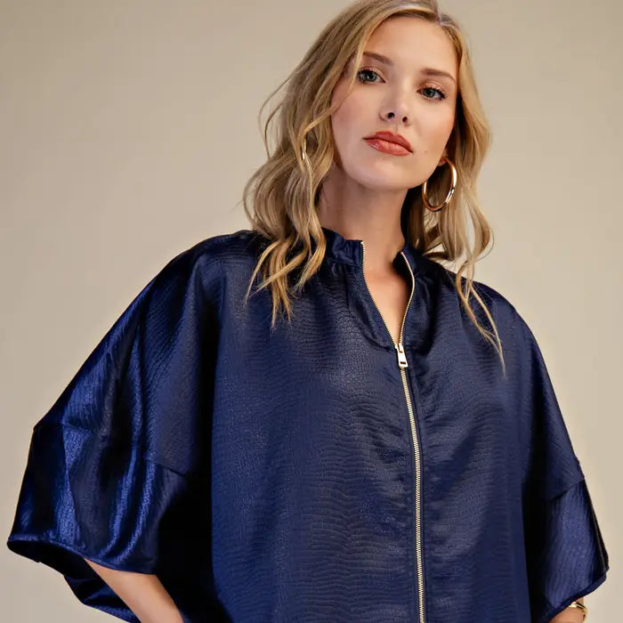 glam front zipper sleeveless oversized top in navy