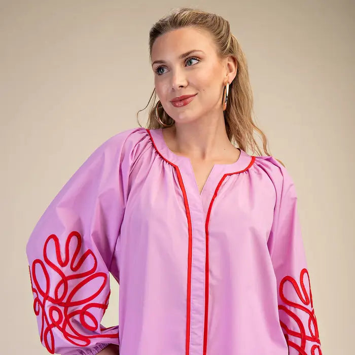 glam soutache contrast detail puff sleeve blouse in pink