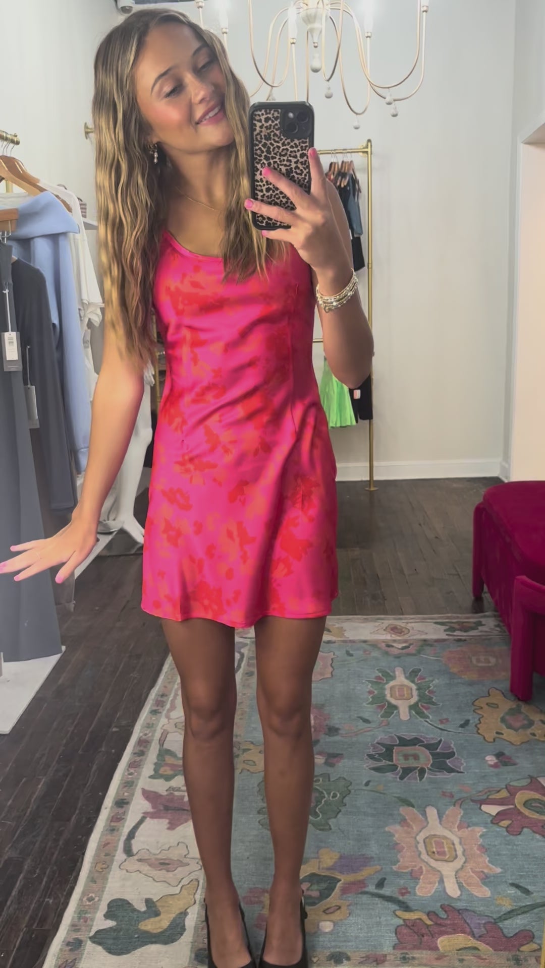 emily satin mini dress in hot pink