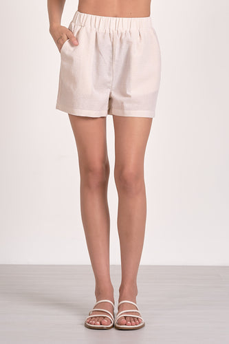 elan elastic shorts in tan seersucker
