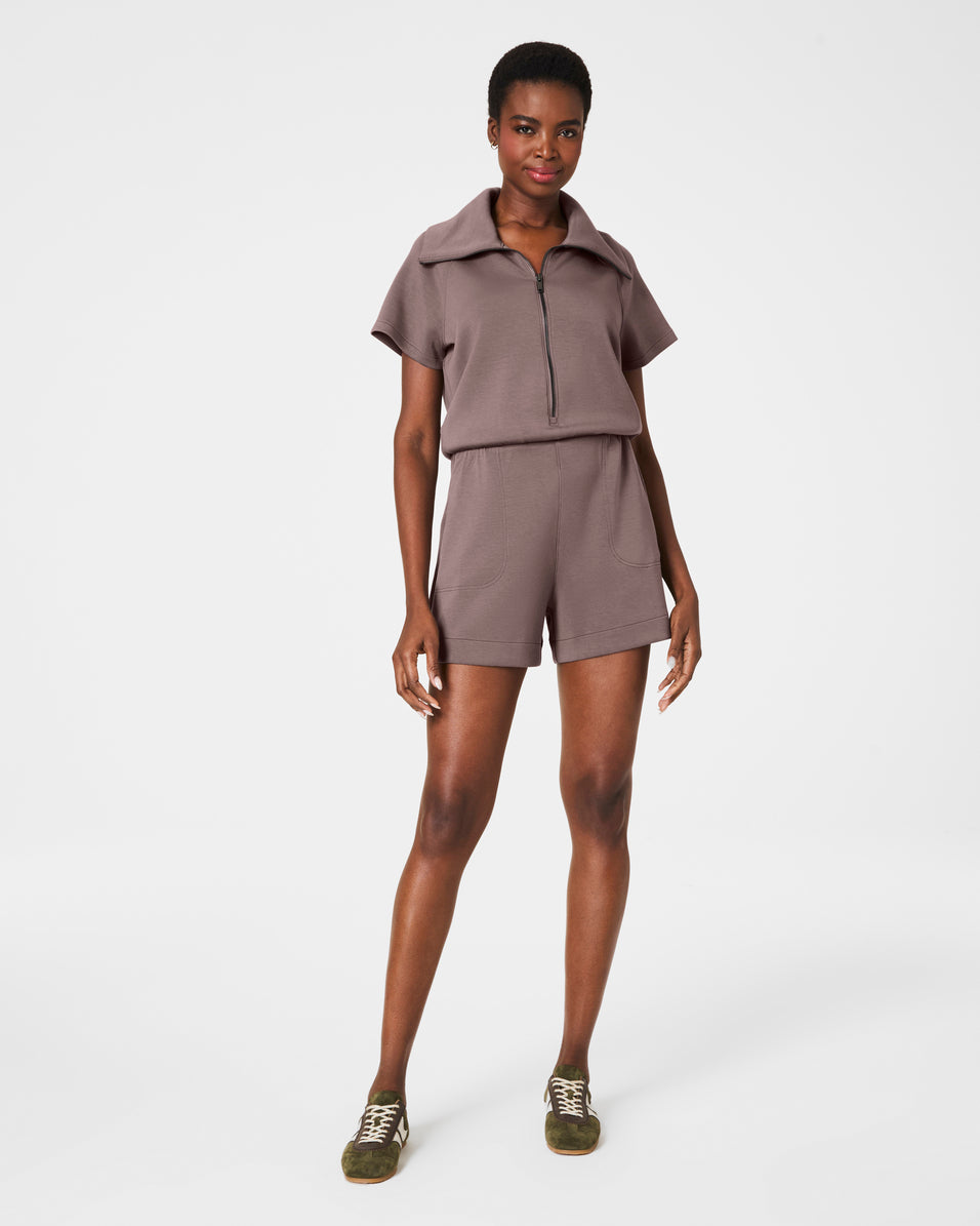 spanx air essentials half zip romper in smoke