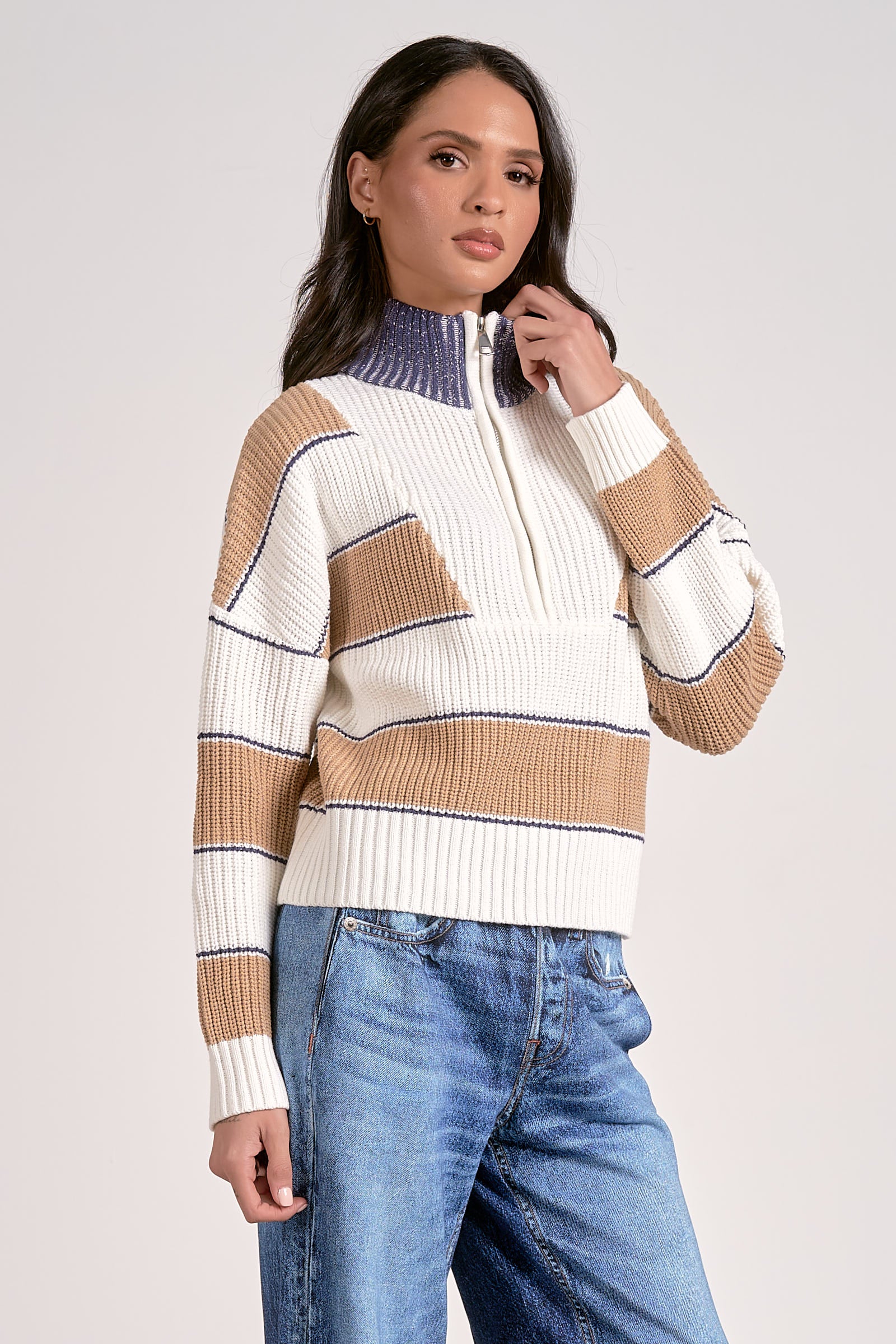 elan striped sweater in camel