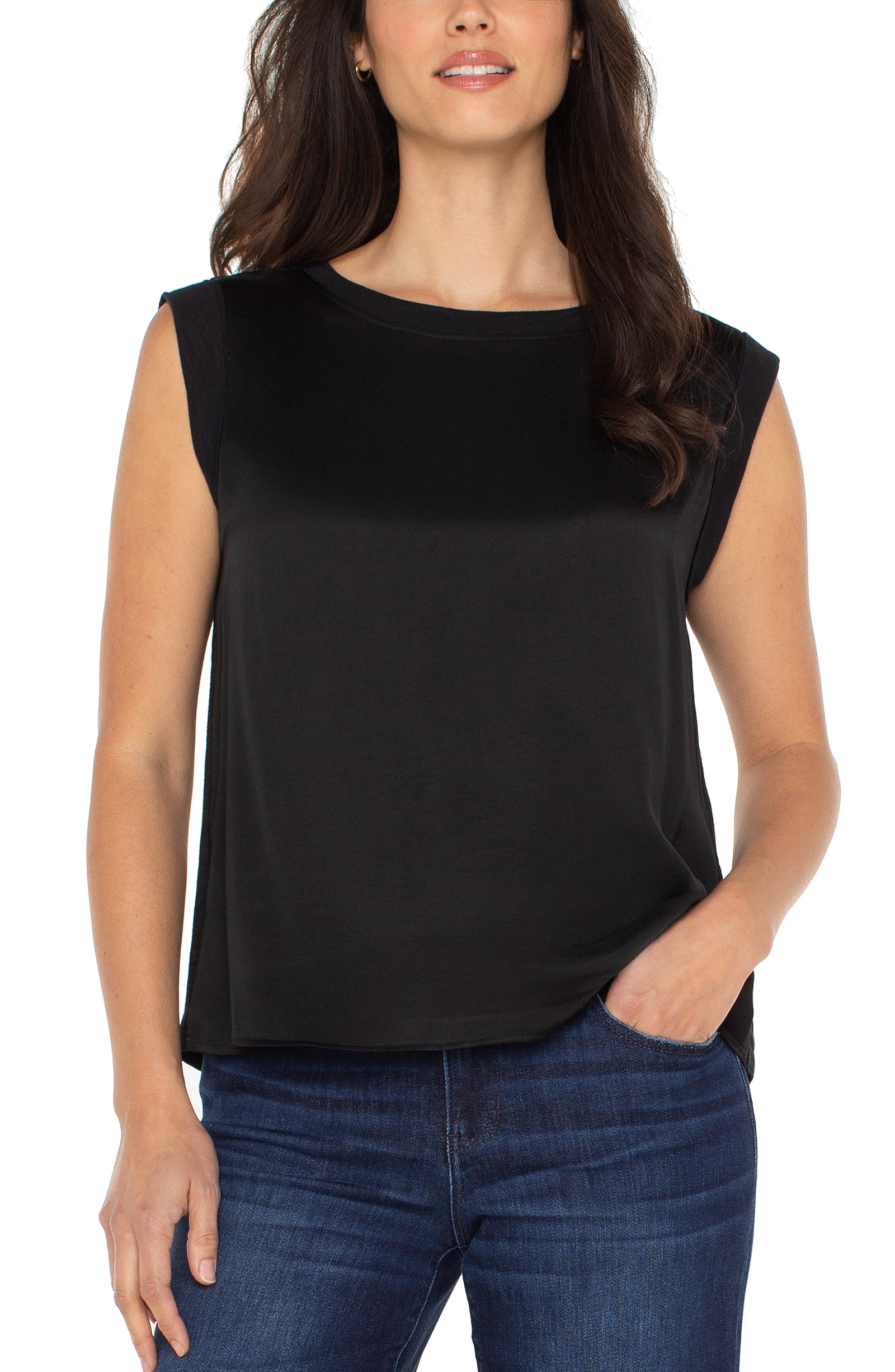 liverpool sleeveless woven knit top in black