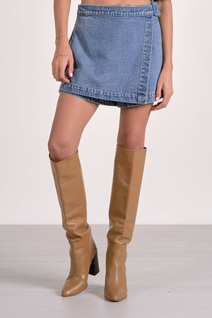 elan slanted front skort in denim