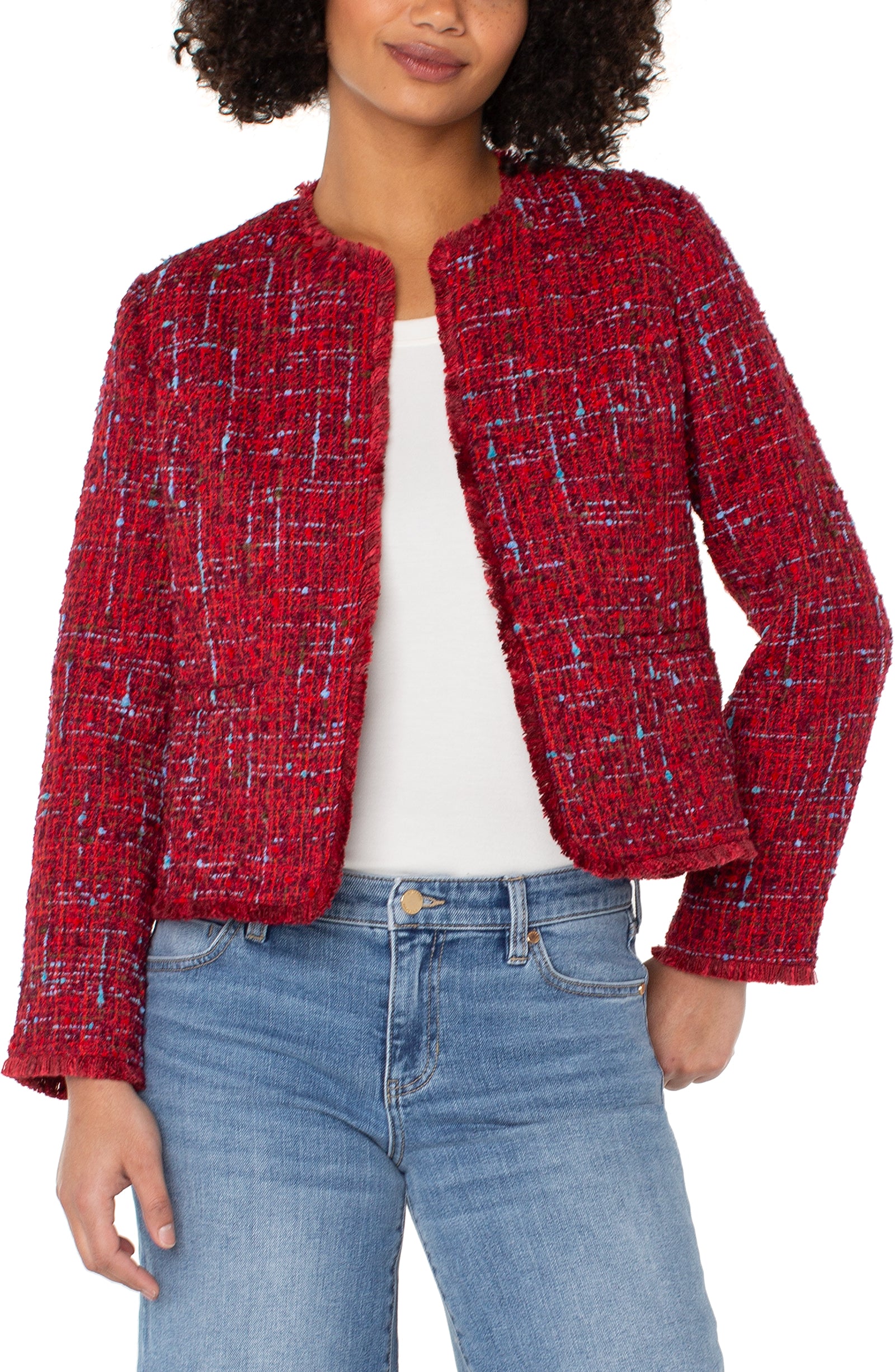 liverpool collarless jacket in red boucle