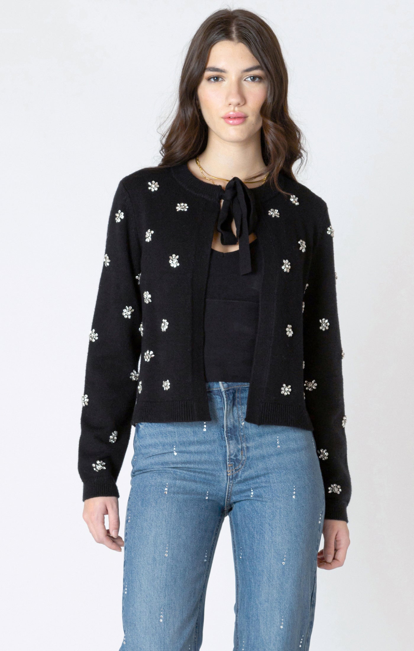 dex embellished tie front cardi in black