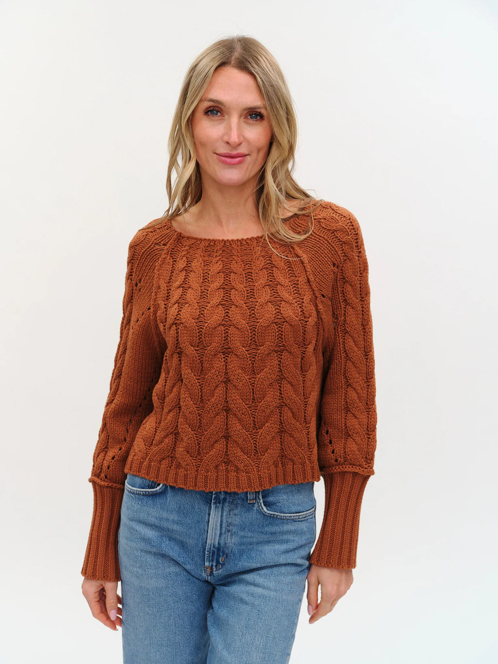 six fifty alexa cable knit boat neck sweater in rust