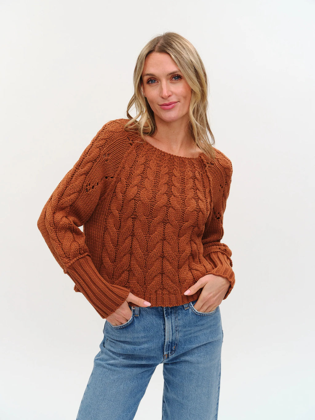 six fifty alexa cable knit boat neck sweater in rust