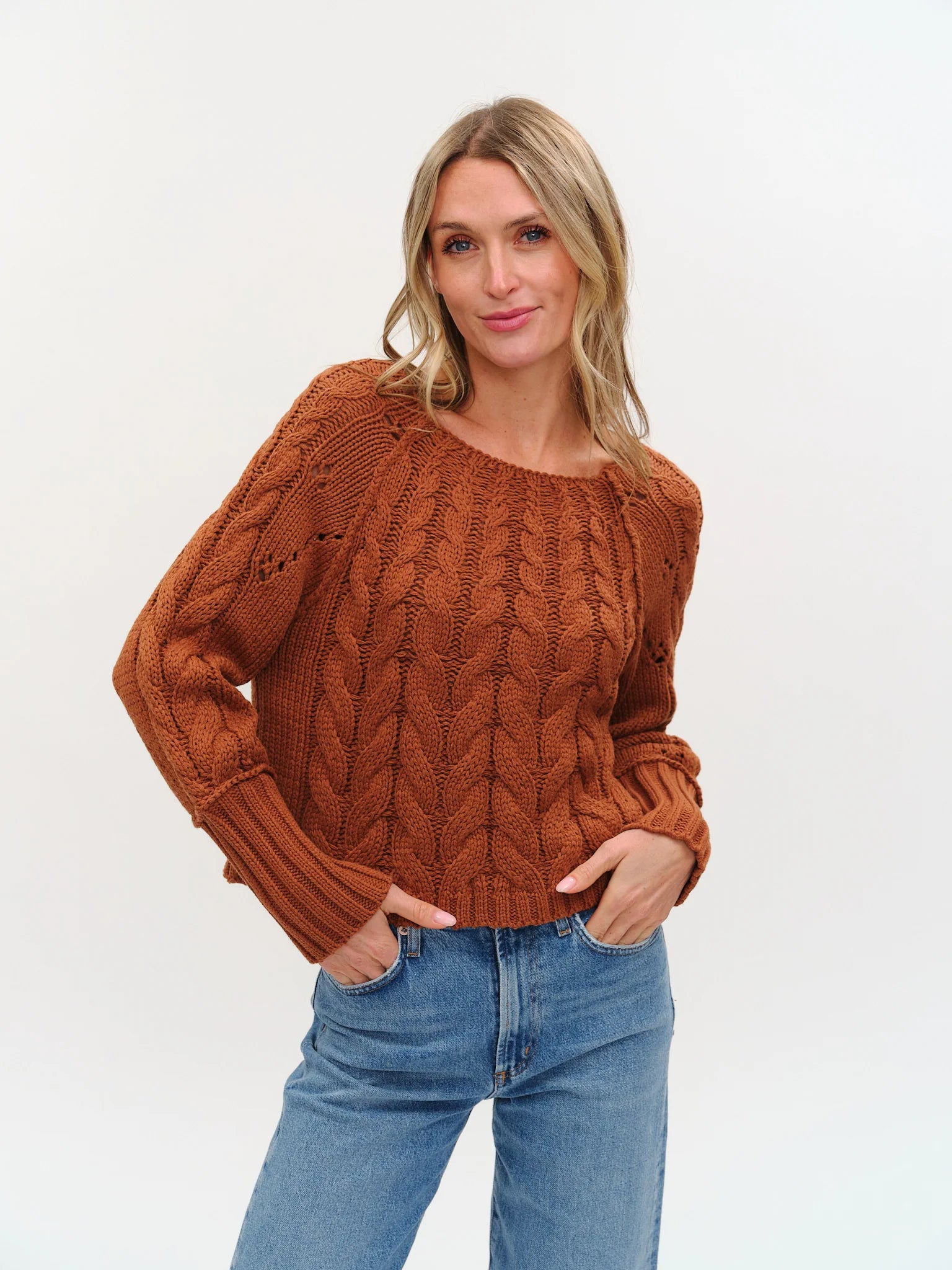 six fifty alexa cable knit boat neck sweater in rust