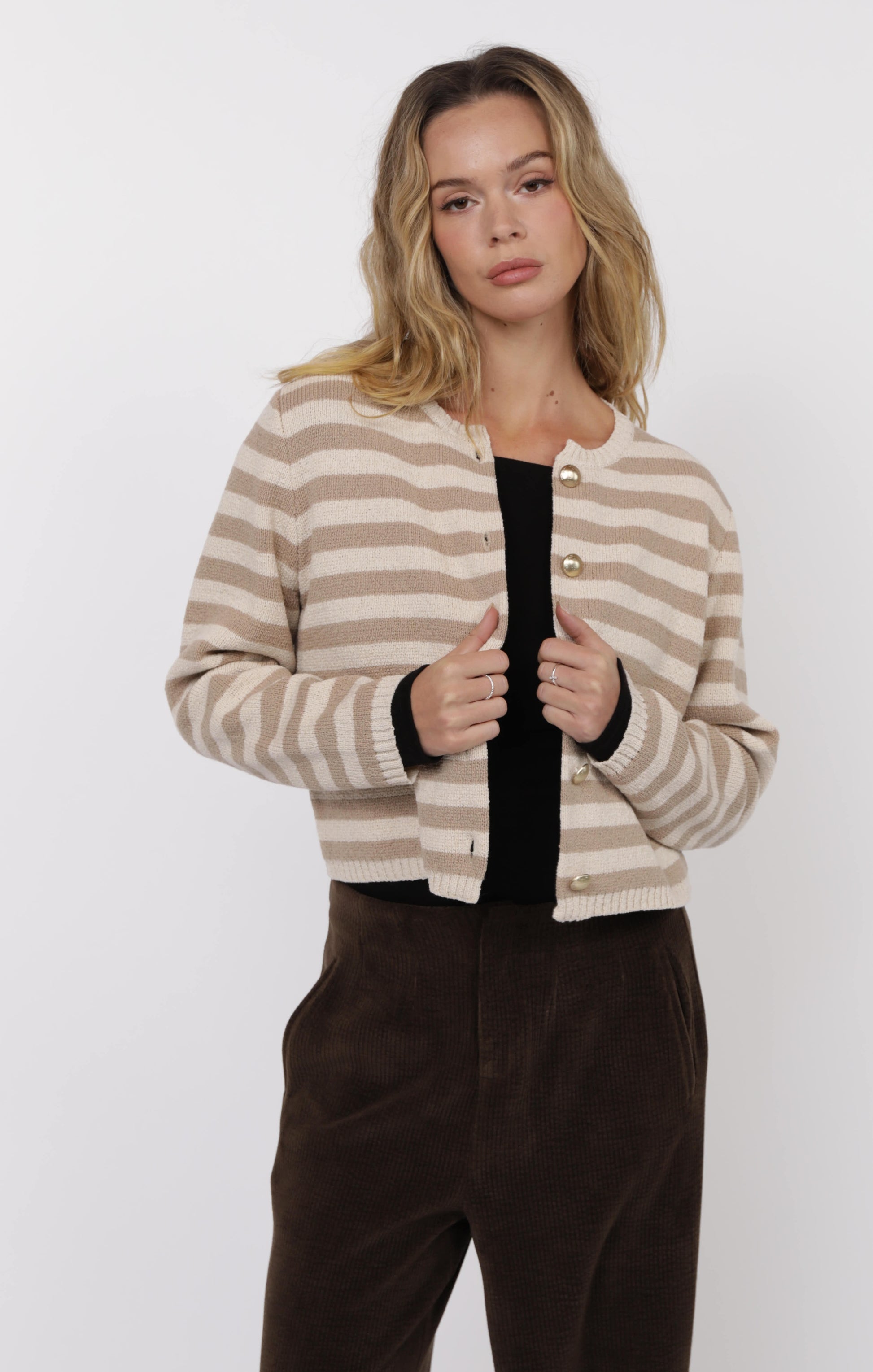 sage the label daphne long sleeve stripe cardigan in camel