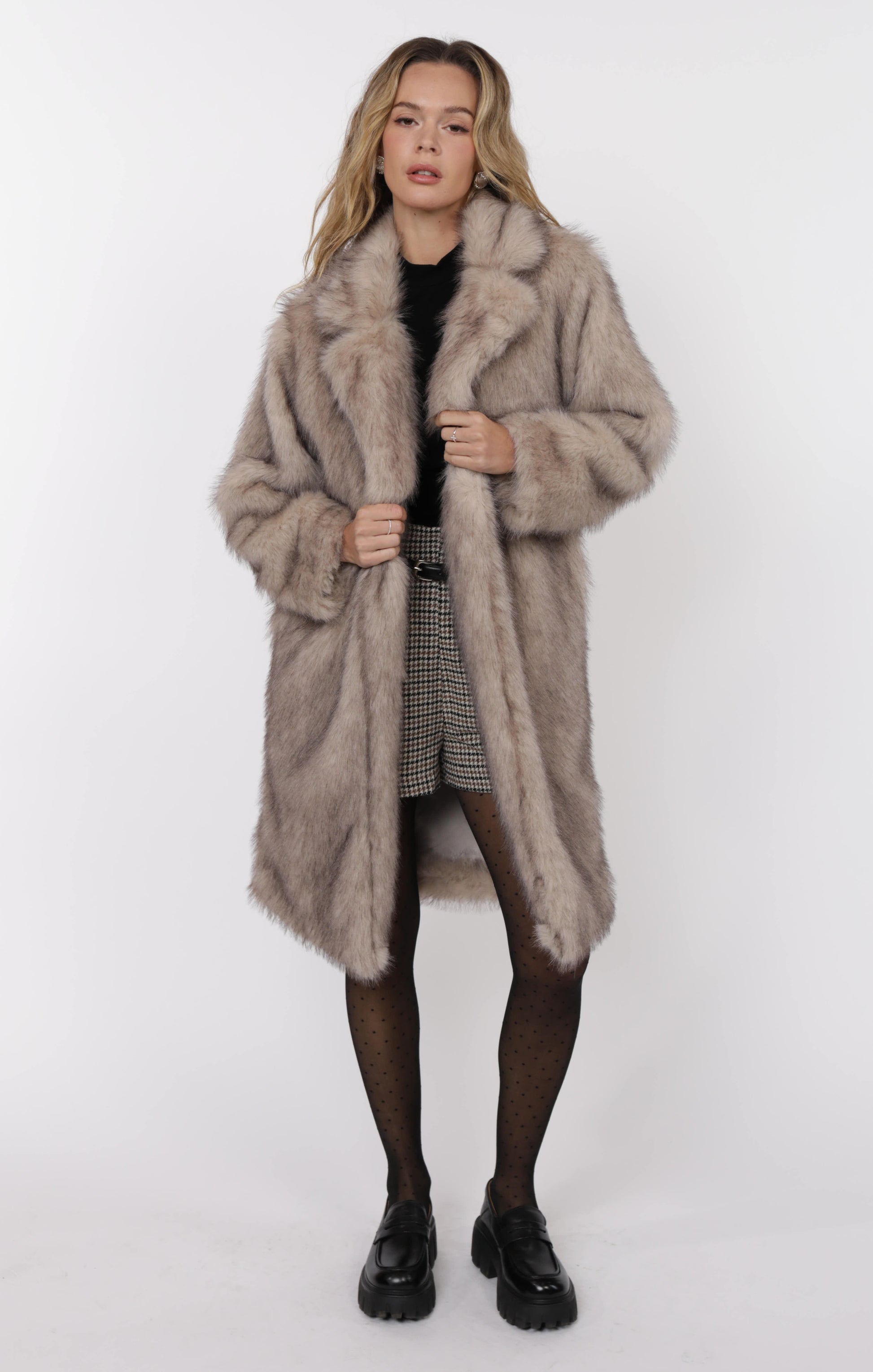 sage the label pixie tipped vegan fur coat in beige