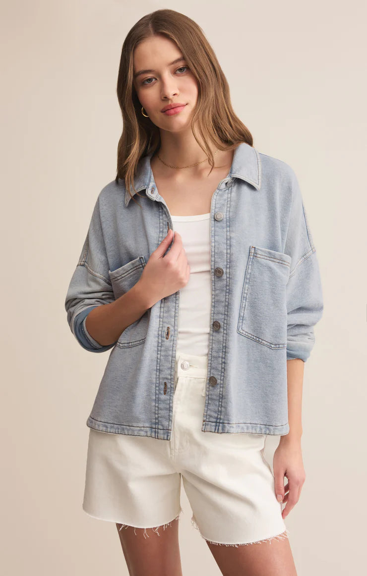 z supply all day cropped knit denim jacket in washed indigo