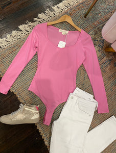 long sleeve bodysuit in party pink